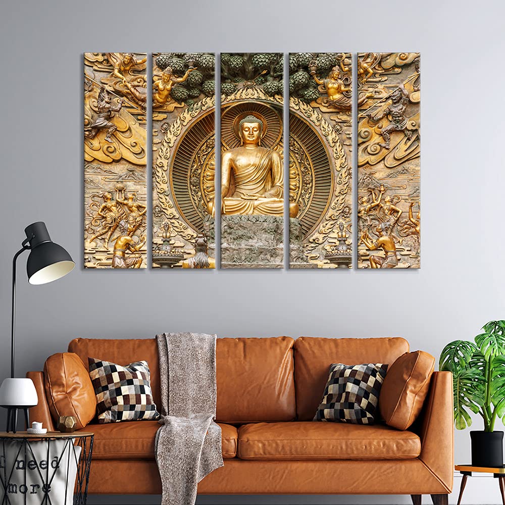 999STORE 5 panel wall painting buddha paintings for living room bed interior buddha painting (MDF_Size_76x130 cms_color_Golden) 5Frames0531