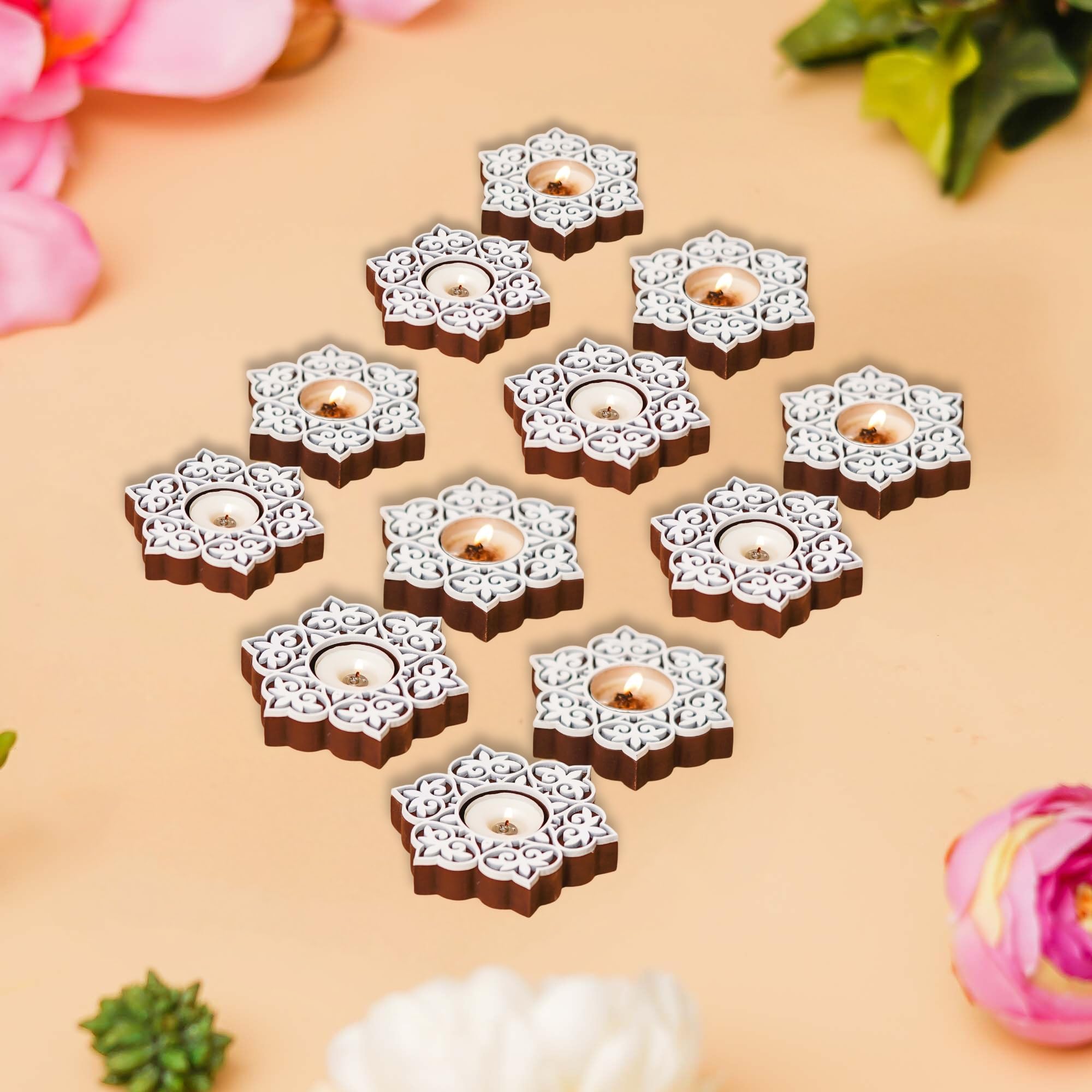 eCraftIndia Set of 12 White Brown Wooden Floral Printing Block Decorative Tea Light Candle Holders, Diya Stands - Tea Light Holders - Christmas Diwali Decoration Items for Home Decor-image-28