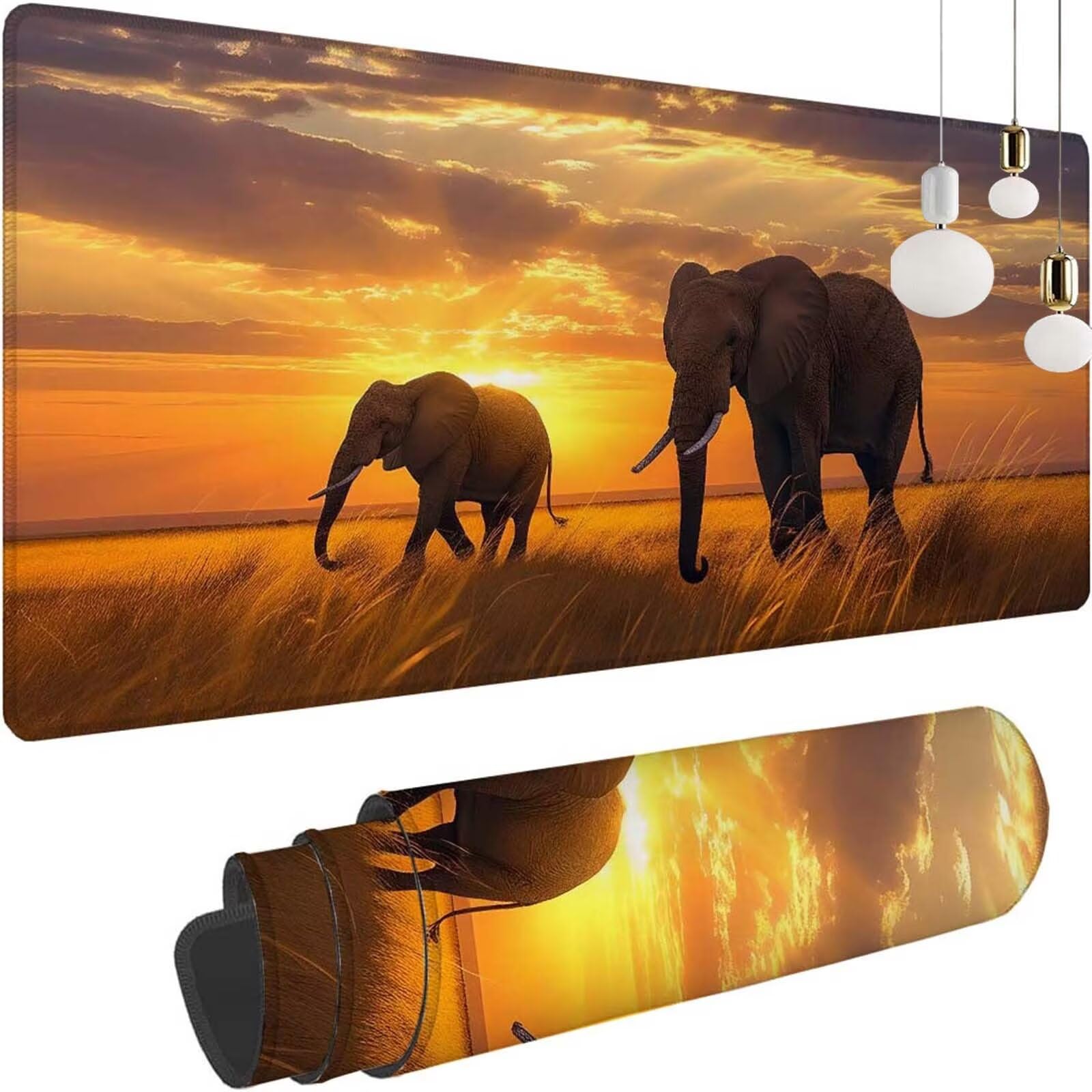 Alfombrilla Ratón Atardecer Elefante Alfombrilla Ratón XXL 1400x600x3mm Mouse Pad Resiste Salpicaduras, Extendida de Gran Tamaño con Bordes Cosidos, Mejora la Precisión y la Velocidad, Regalo y-303