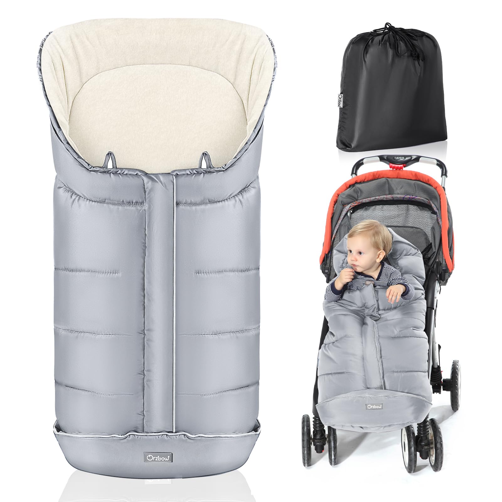 Orzbow Fußsack Kinderwagen Winter, Fußsack Buggy Fusssack Kinderwagen Baby Winter mit Wamres Korallen-Fleece, Reißverschluss, Anti-Rutschschutz & Reflektorstreifen, Wasserdicht, Elegantes Grau