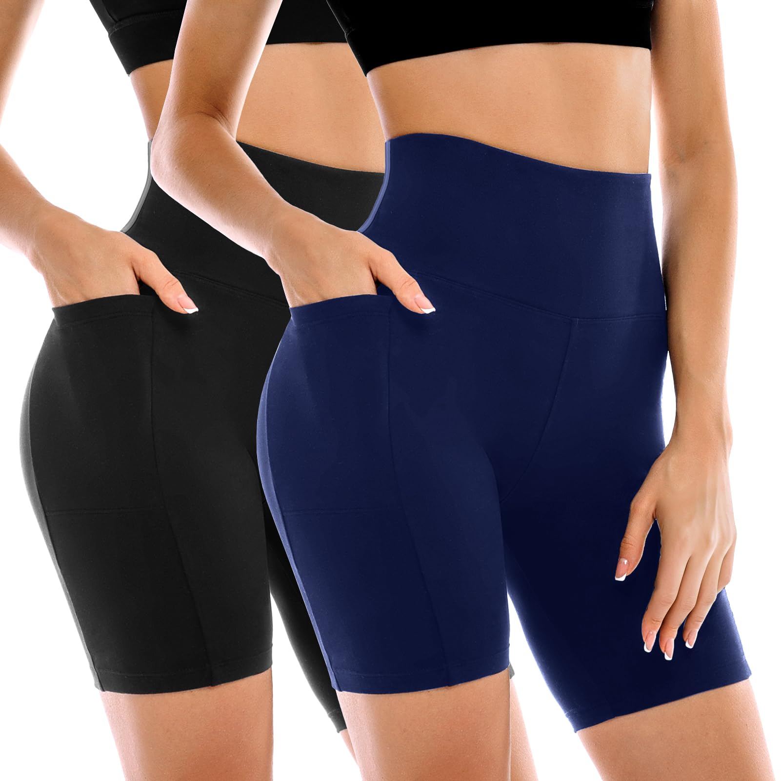 Photo 1 of Leafigure 2 Pack Womens Biker Shorts with Pockets, High Waisted Tummy Control Yoga Shorts for Women Running Gym and Workout Black/Navy S-M
