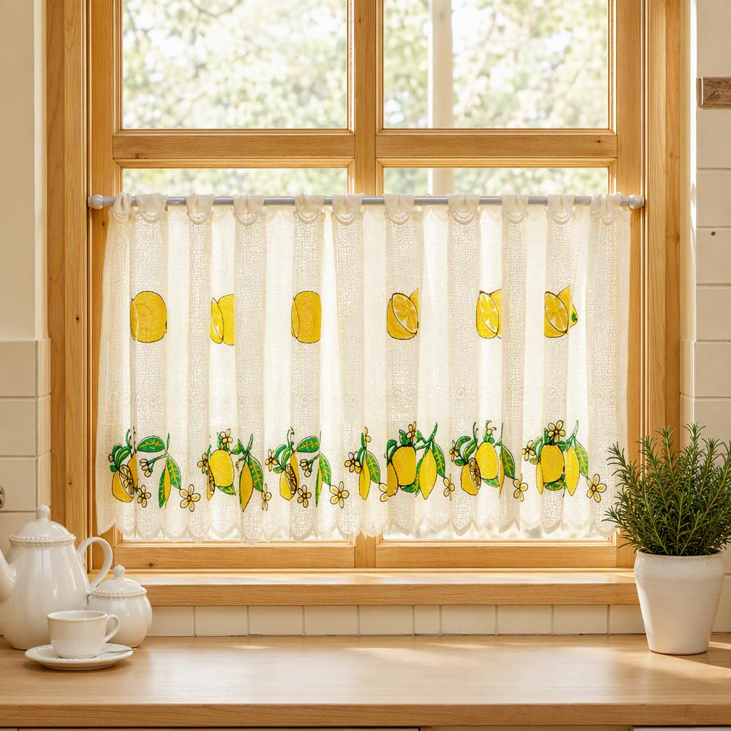 Cosiesnest Embroidered Lemon Cafe Curtain for Kitchen