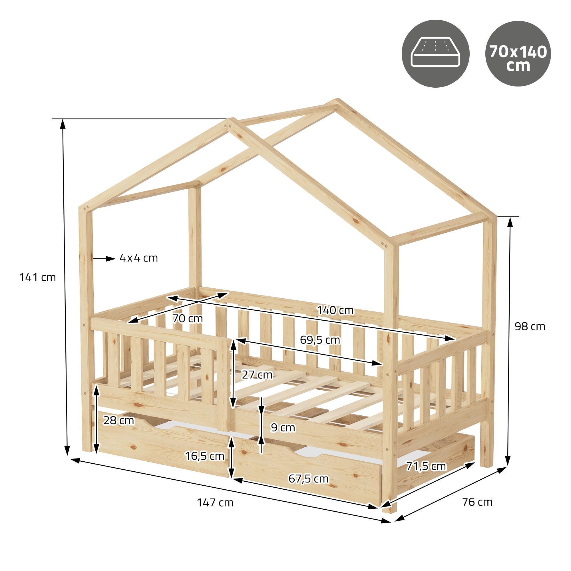 ML-Design Letto a Casetta per Bambini 70x140 cm in Legno di Pino Naturale con Materasso, Sponde di Sicurezza e 2 Cassetti Contenitore, Lettino Montessori a Pavimento, Giroletto Cameretta