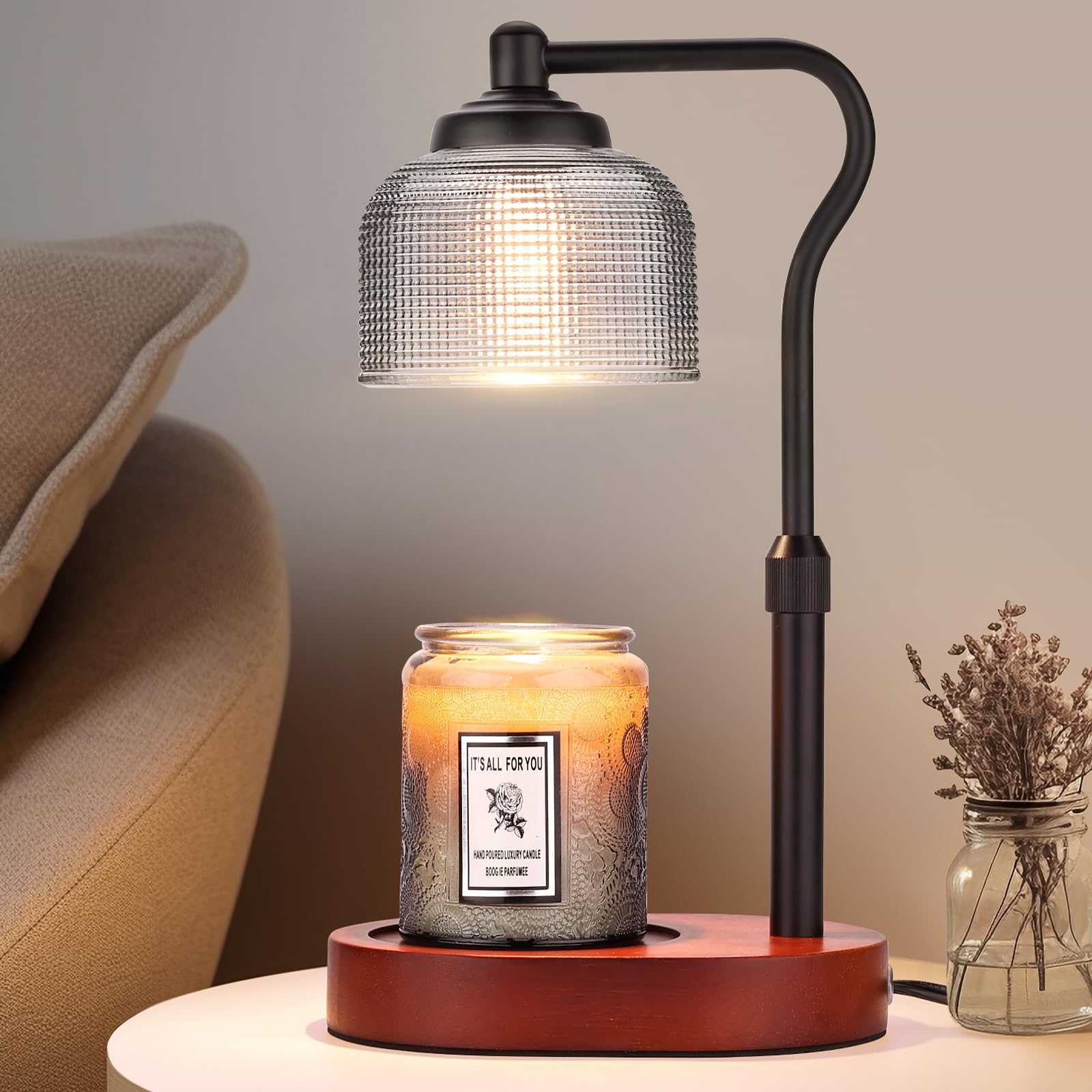 Candle Warmer Lamp with Timer, Electric Candle Warmer Adjustable Height, Mothers Day Gift for Mom, Dimmable Modern Candle Lamp with 3 Bulbs for Home Decor House Warming Gifts, Grey Glass