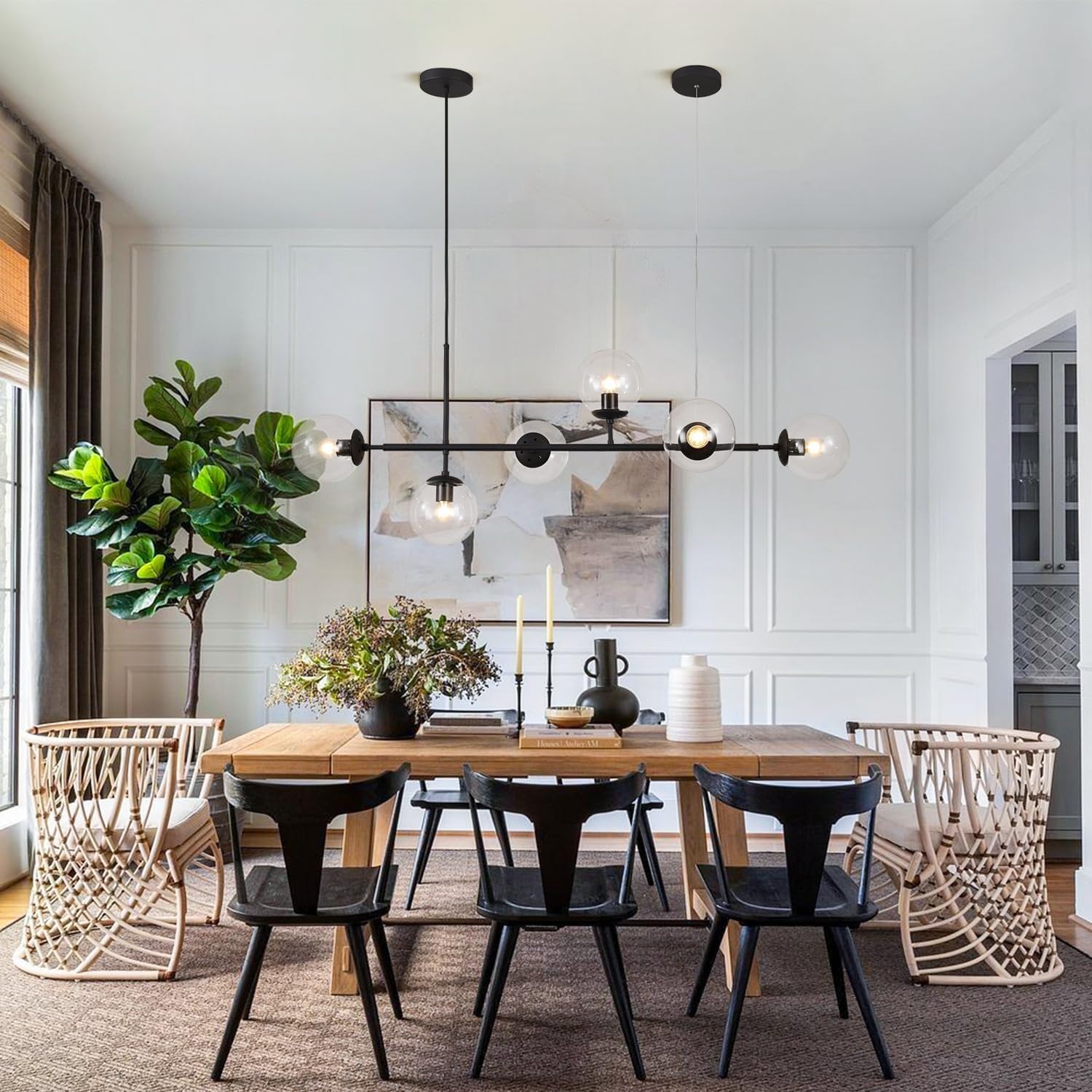 KCO Lighting 6-Light Clear Glass Globe Pendant Light Mid Century Modern Rectangular Sputnik Chandelier Vintage Black Linear Kitchen Island Pendant Lighting Dining Room (Black+Clear)