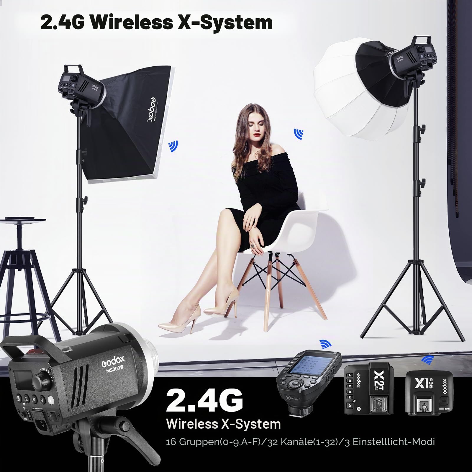 2 Pack GODOX MS300V Flash Kit für Studioaufnahmen,Video und Portraitfotografie mit Softbox Lichtstativ