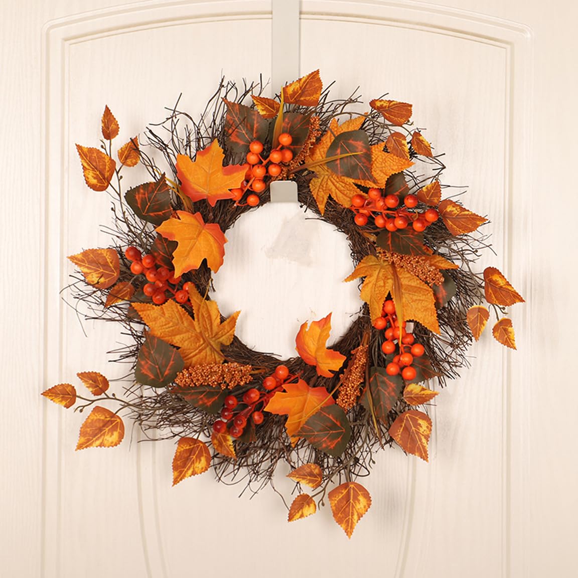 Berries Fresh Fall Wreaths For Front Door, 20" Autumn Wreath With Hangers, Large Silk Maple Leaves Artificial Pumpkin Wreath For Home Wall Window Decor Indoor Halloween Wreaths For Front Door