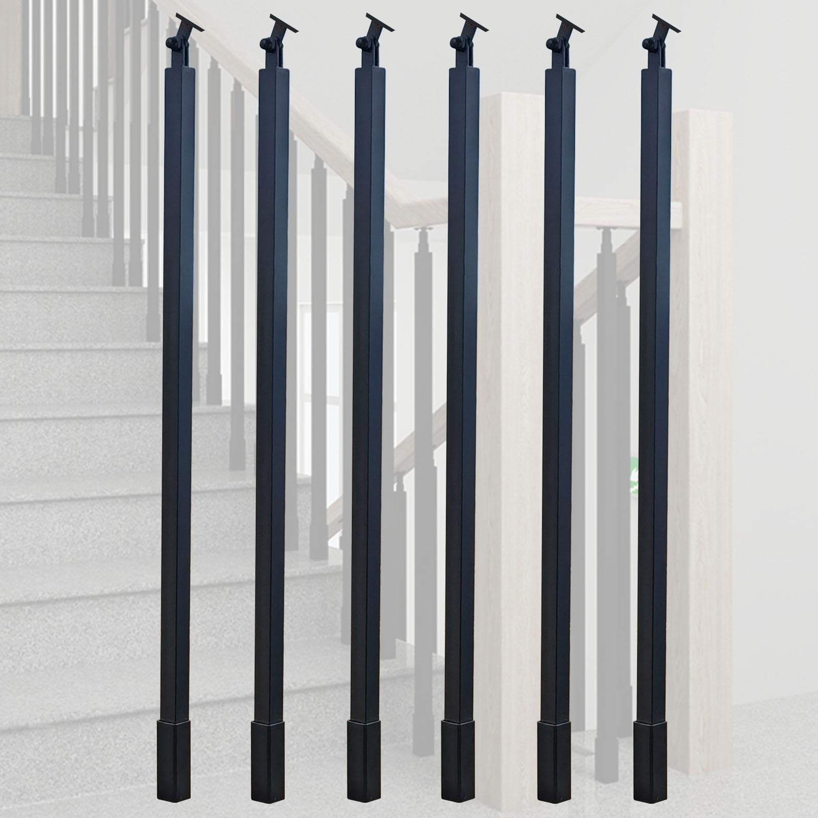 WLCGYD 30 36 42 48 51'' Metal Baluster Spindles, Interior Staircase Decks Banister Install Kit/Square Railing Post w/Bracket for Wooded Stairway Composite Steps(Black 6 pcs,30in/76.2cm)