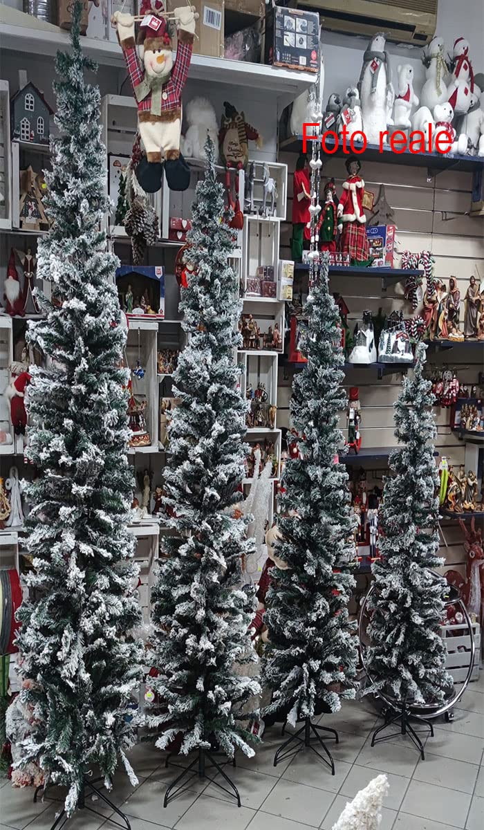 Albero di Natale innevato Slim Bianco Artificiale folto Alto e Stretto cm 180 Decorazioni addobbi Natalizi Ambiente casa ignifugo e Realistico