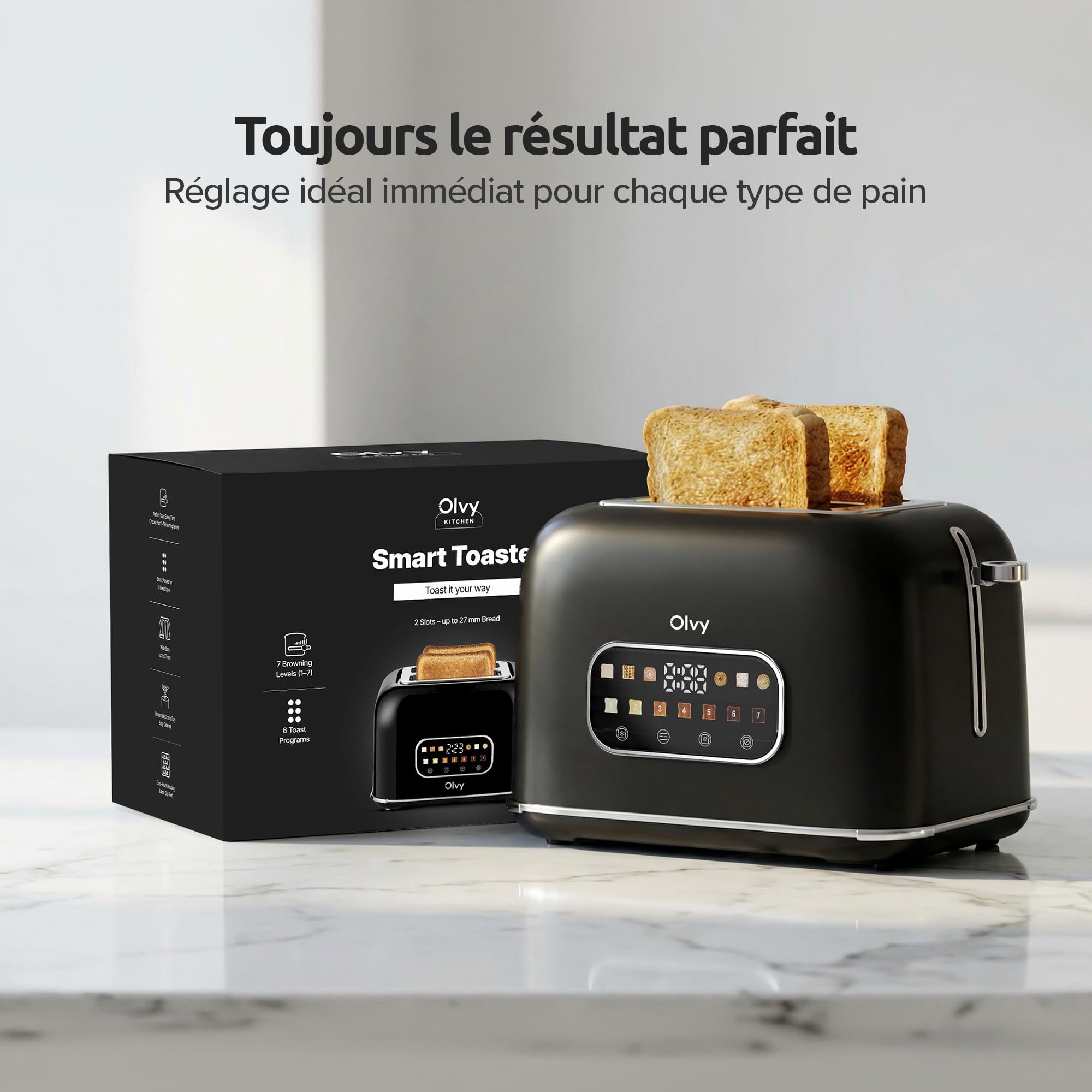Olvy Grille-pain de luxe avec écran LCD et minuterie – Fentes extra larges (Décongeler/Réchauffer) – 7 niveaux de dorage – Black – 900 watts