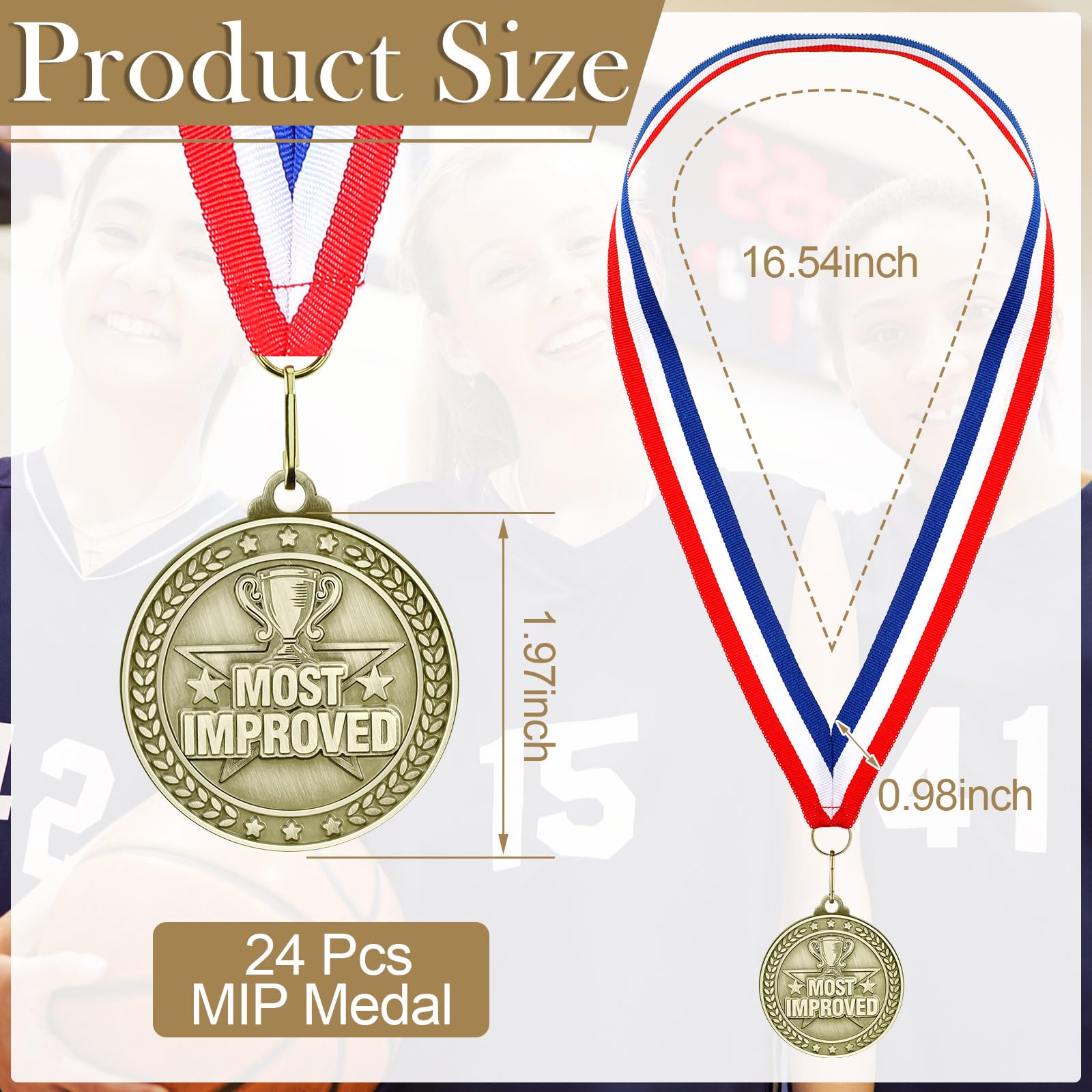 24 medallas mejoradas a granel de 2 pulgadas más mejoradas al jugador MIP con cintas para el cuello, premio de trofeo, regalo para competiciones educativas de graduación, torneos, logros de