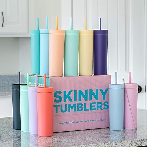 Miniatura 6 de SKINNY TUMBLERS - Vasos de acrílico en color pastel mate con tapa y popote (12 unidades)