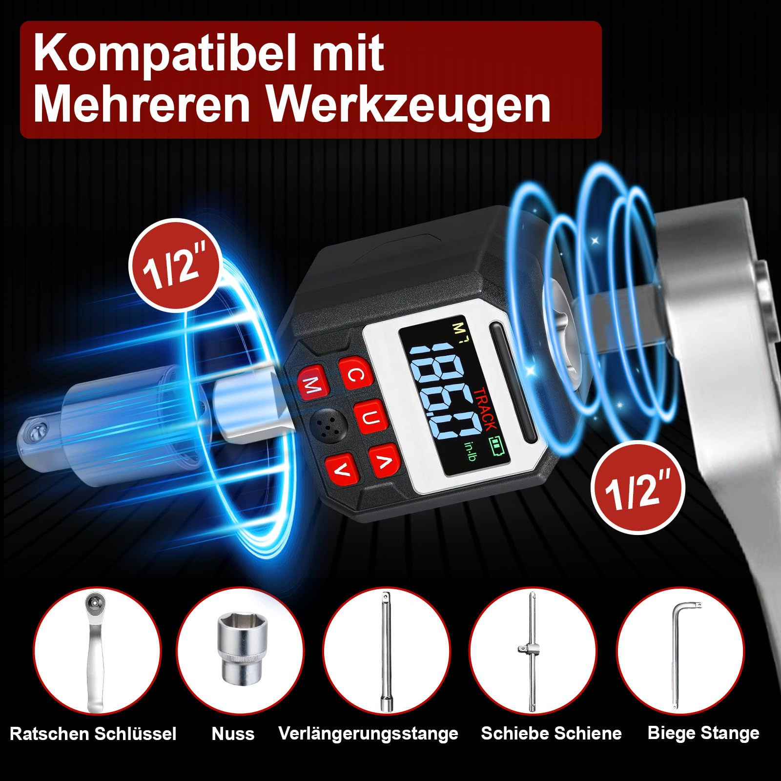 Digitaler Drehmomentadapter, 1/2 Zoll Digital Drehmomentschlüssel mit ±2% Genauigkeit, Voreingestellter, LED Anzeige, Summer, 3/8" und 1/4" Adapter für Fahrrad, Motorrad, Auto (10-200Nm)