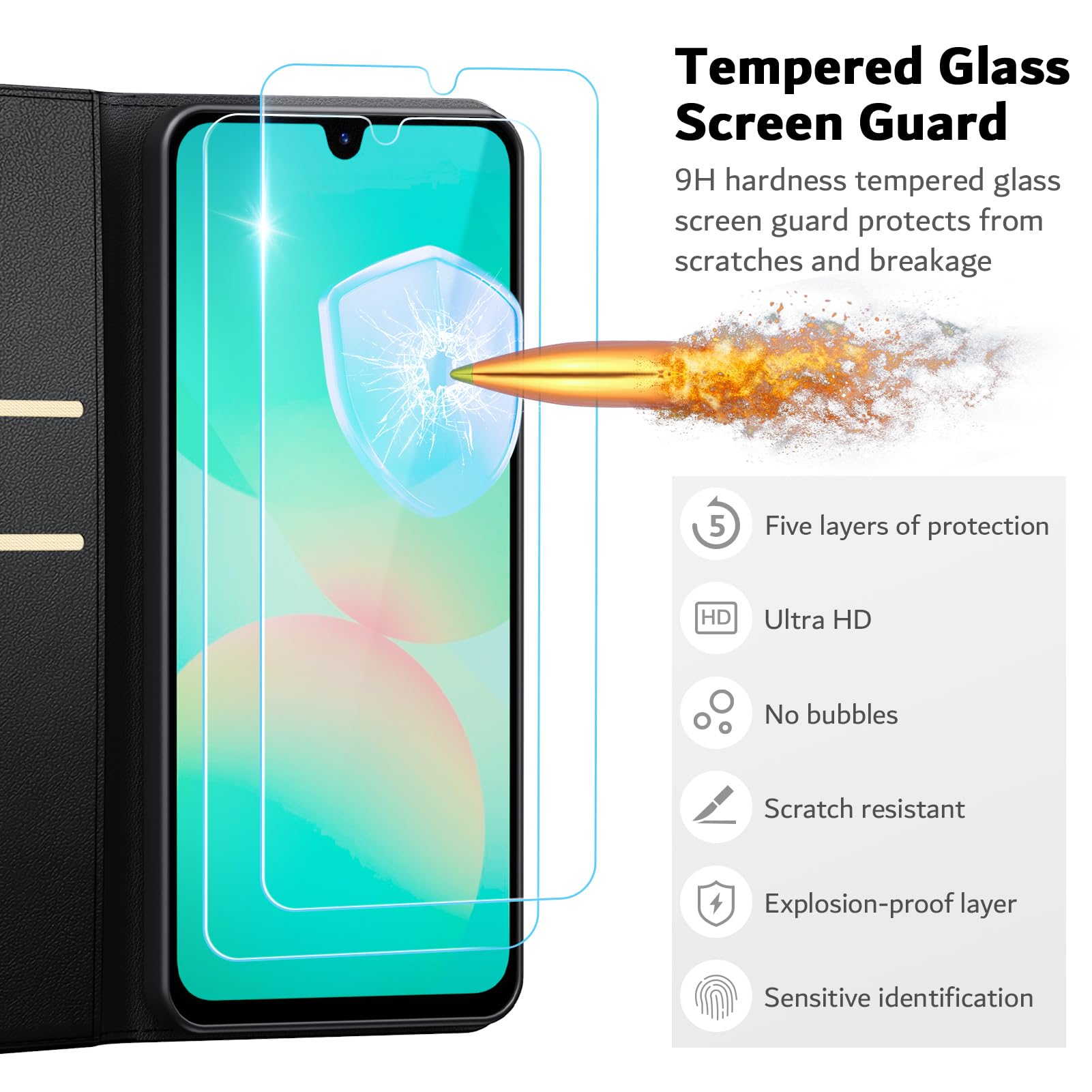 Etui do Samsung Galaxy A26 5G + osłona ekranu ze szkła hartowanego * 2, [blokada RFID] Wysokiej jakości etui z klapką ze skóry PU, portfel, pokrowiec na telefon ochronny [przegródki na karty