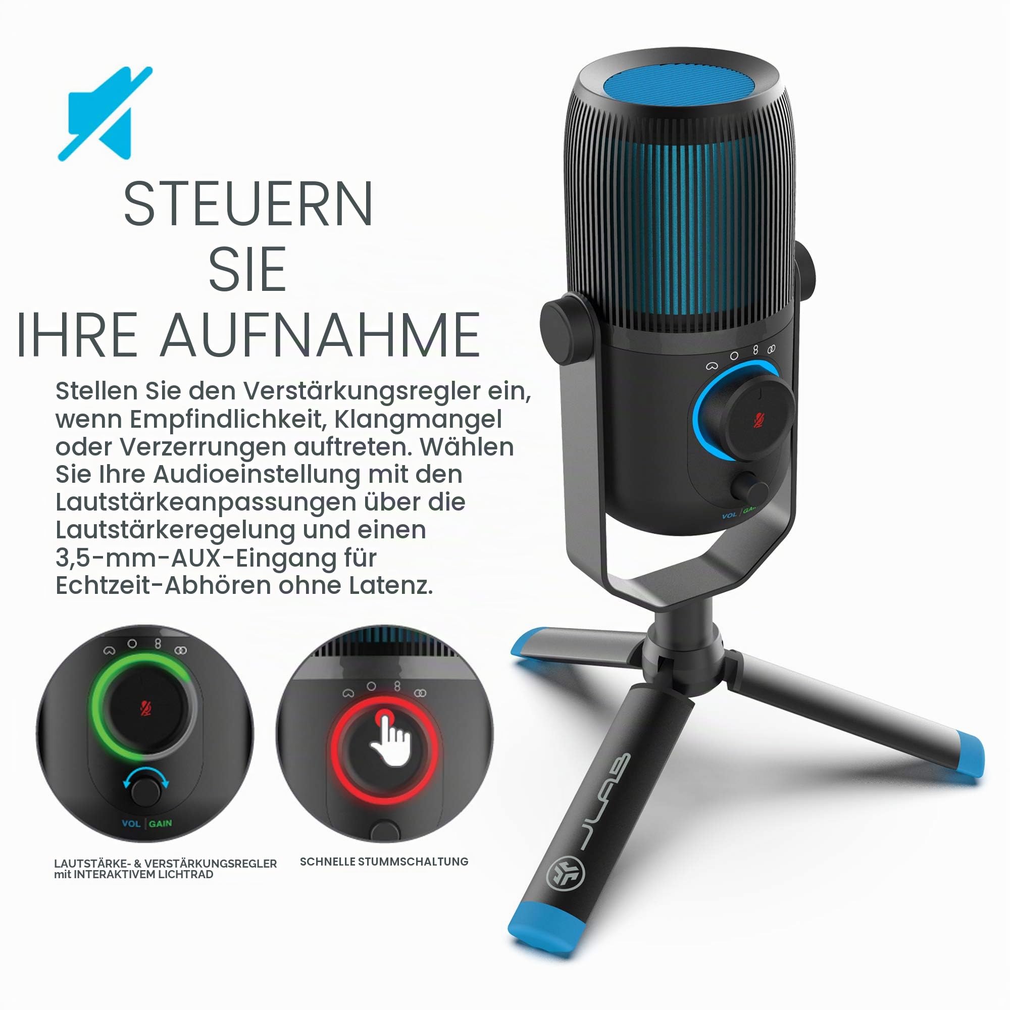 JLab Talk USB Mikrofon - PC Plug und Play Mit USB-C, 4 Richtcharakteristiken, Lautstärkeregelung und Stummschaltung - Streaming, Podcast und Gaming Mikrofon mit Stativ