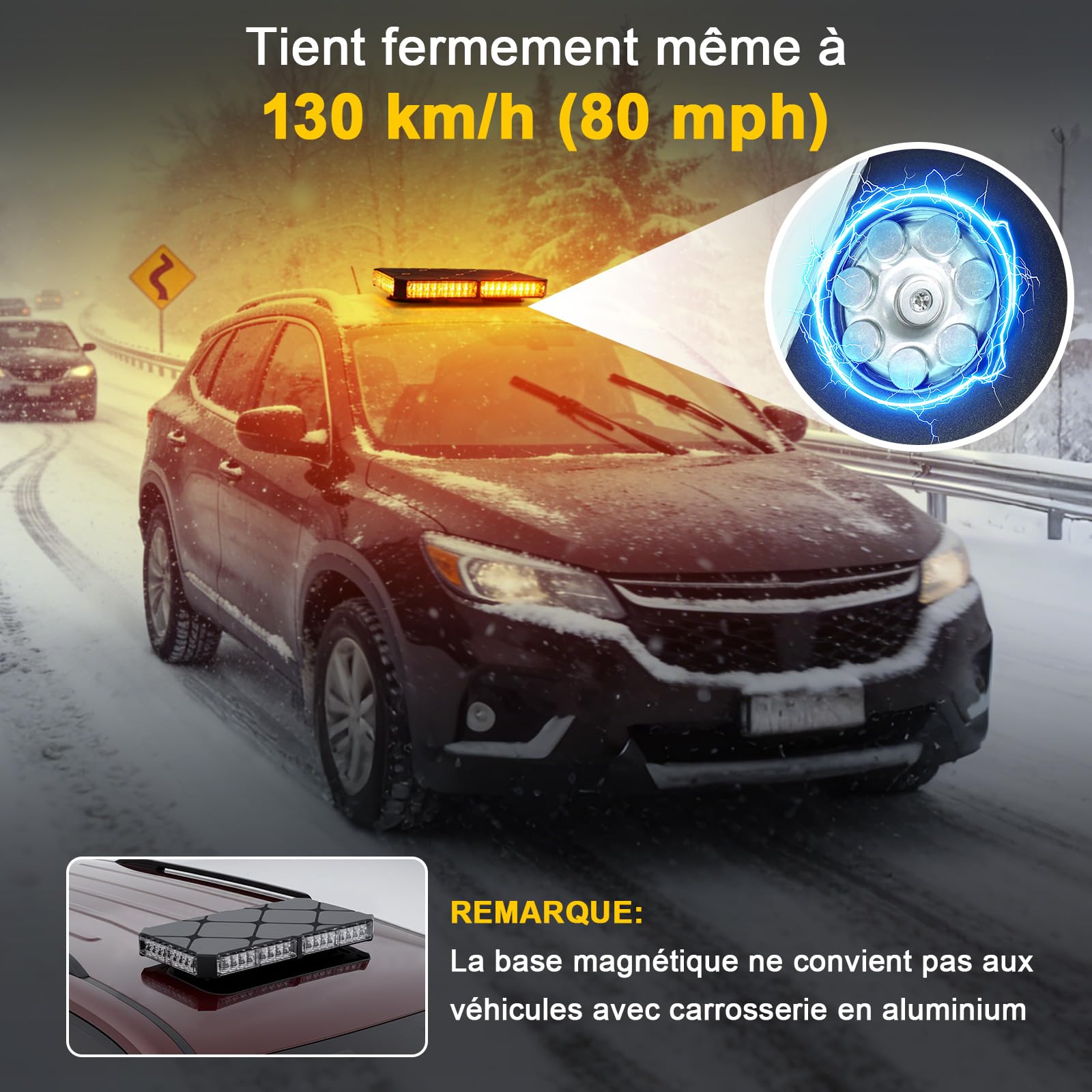 Rampe Gyrophare LED Magnétique 12V 24V, Orange, 48 LEDs, IP67 | Base Aimantée 130 km/h, Câble 4,8m, 16 Motifs Stroboscopiques, Patin Anti-Rayures, pour Utilitaires et Chantiers