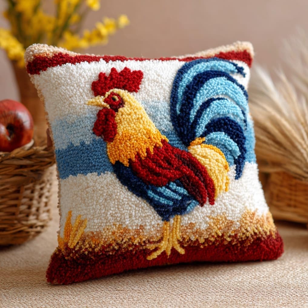 WallustrioaW Latch Hook Kit Cushion Rooster 43Cmx43Cm Latch Hook Kit DIY Pillow Materials Package Hooks Knitted Embroidered Carpet Pillow Embroidery