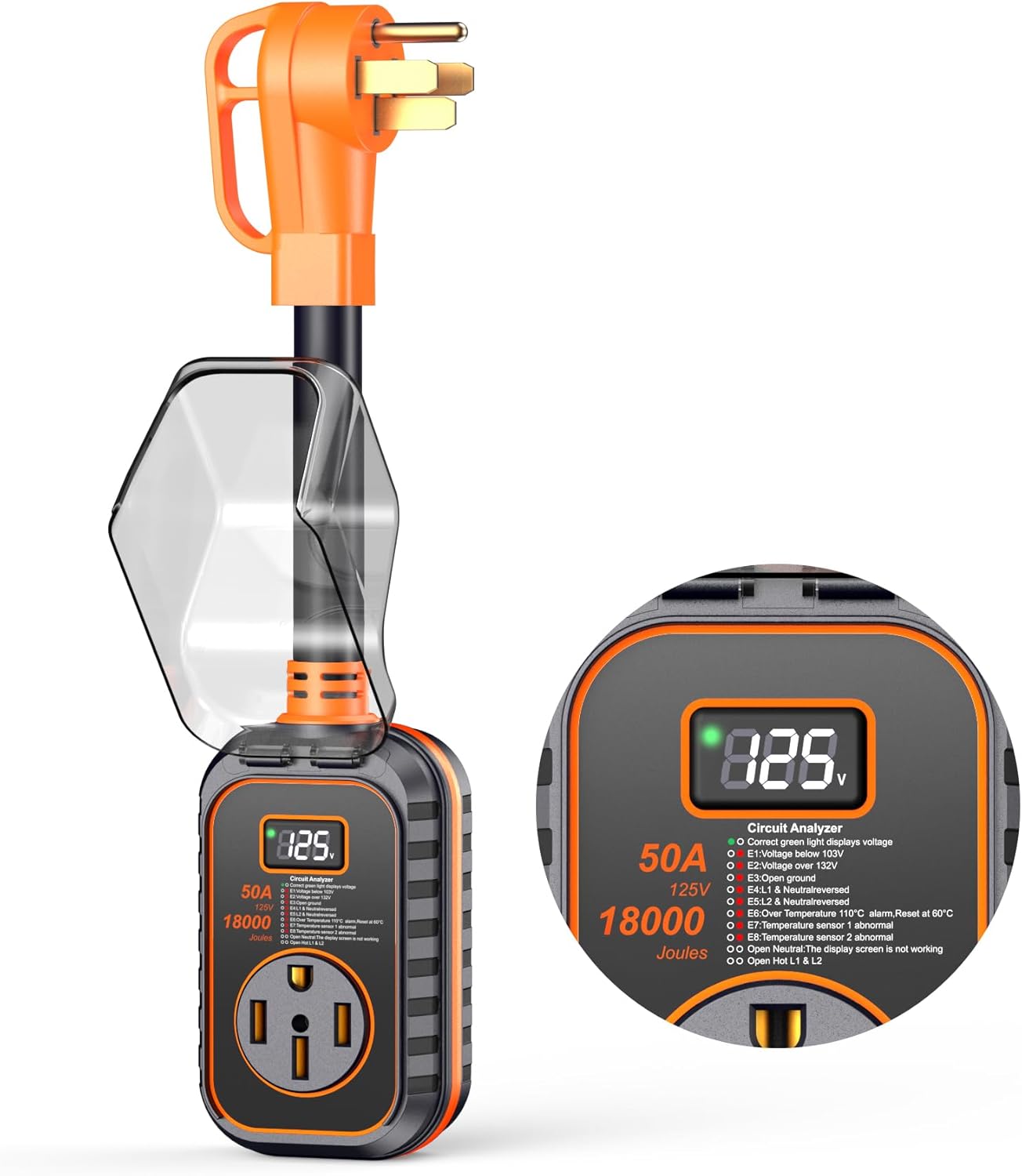 GEARGO 𝟑𝐭𝐡-𝐆𝐞𝐧 RV Surge Protectors 50 Amp with Smart LED Display, 𝐔𝐩𝐠𝐫𝐚𝐝𝐞𝐝 18000 Joules RV Circuit Analyzer Waterproof with High/Low Voltage Protection, IP68 RV Adapter Plug for Camper