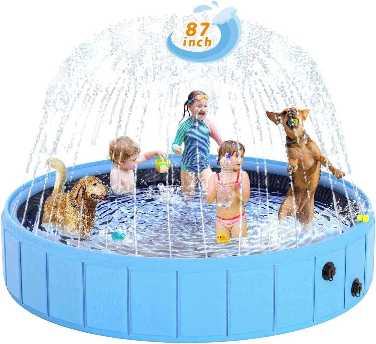 Foldable Dog Pool with Sprinkler, 87 in Extra Large Dog Swimming Pool, Outdoor Collapsible Pet Bathing Tub for Pets Dogs Cats and Kids (87" D x 12" H, Blue) 87 inches Round