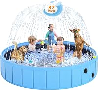 BerrysParadise Foldable Dog Pool with Sprinkler - 87" Extra Large Collapsible Swimming Pool for Dogs, Cats & Kids (Blue, 12" H)