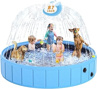 Foldable Dog Pool with Sprinkler, 87 in Extra Large Dog Swimming Pool, Outdoor Collapsible
