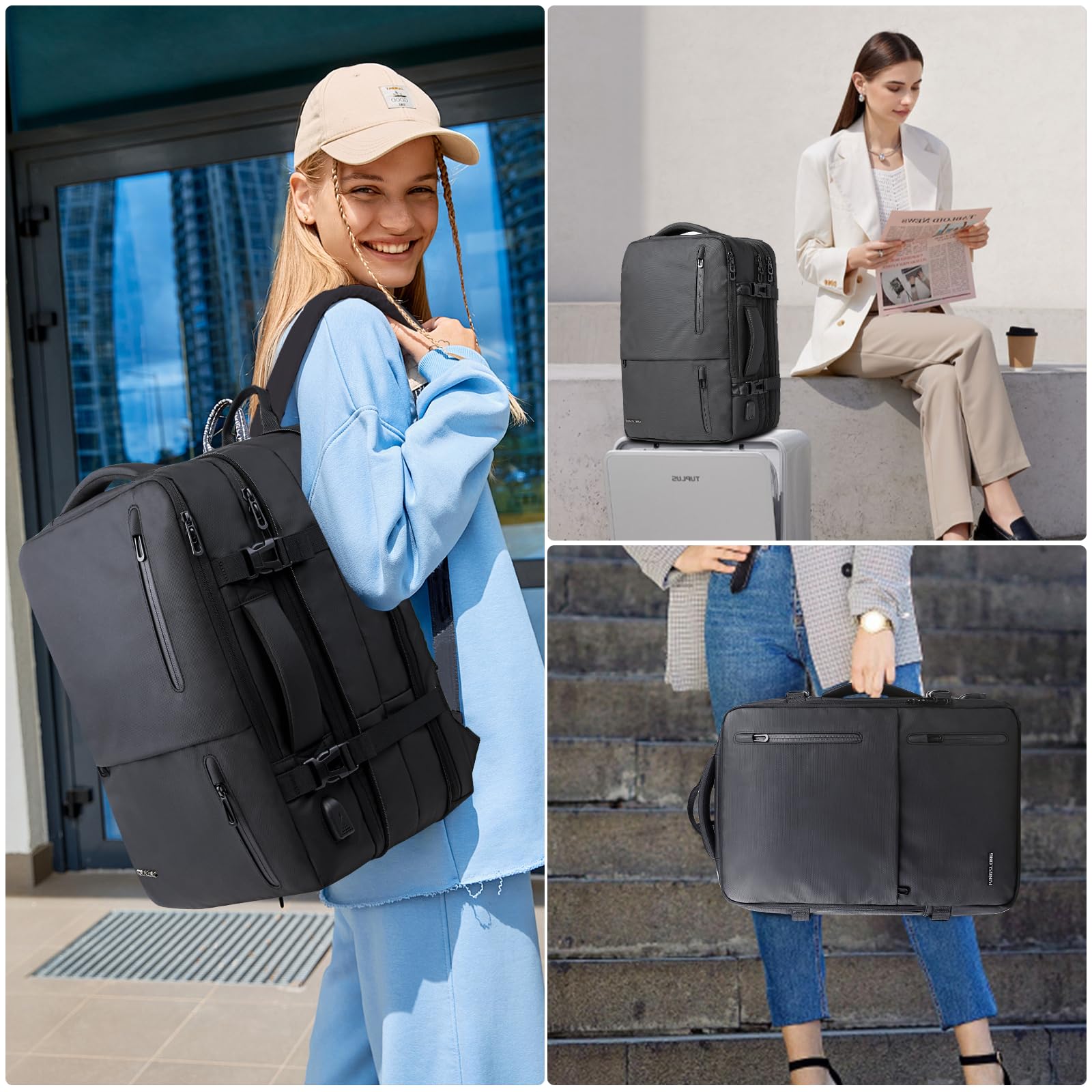 KINGSLONG Mochila para portátil extensible 25-40L Se adapta a portátil de 17 pulgadas, Mochila resistente al agua para hombres y mujeres Escuela Negocio Mochila de viaje con puerto de carga USB