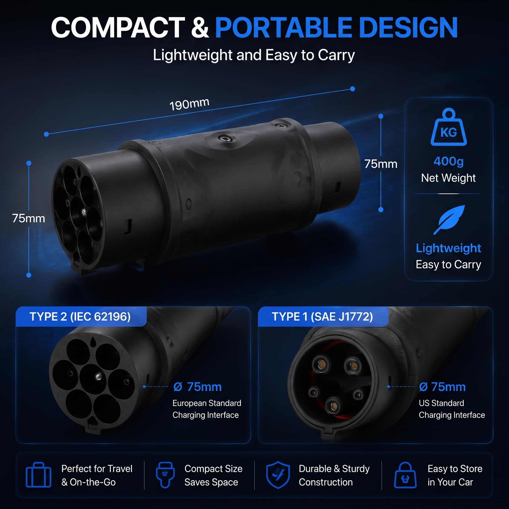 Adattatore di ricarica da tipo 2 a tipo 1, da IEC 62196 a SAE J1772, per auto elettriche, 32 A, 250 V, impermeabile, compatibile con veicoli di tipo 1 su stazioni di ricarica europee