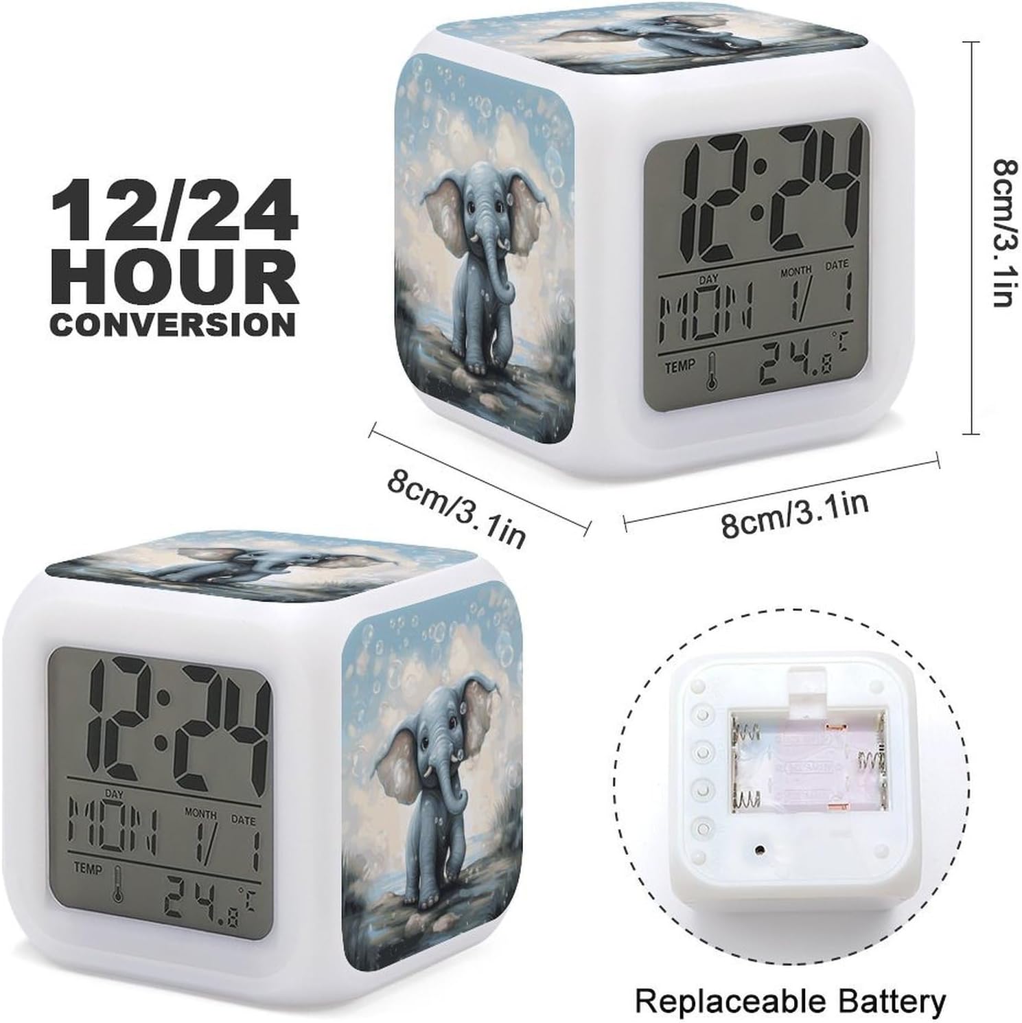 7‑Color Changing Alarm Clock, Cute Elephant image 3