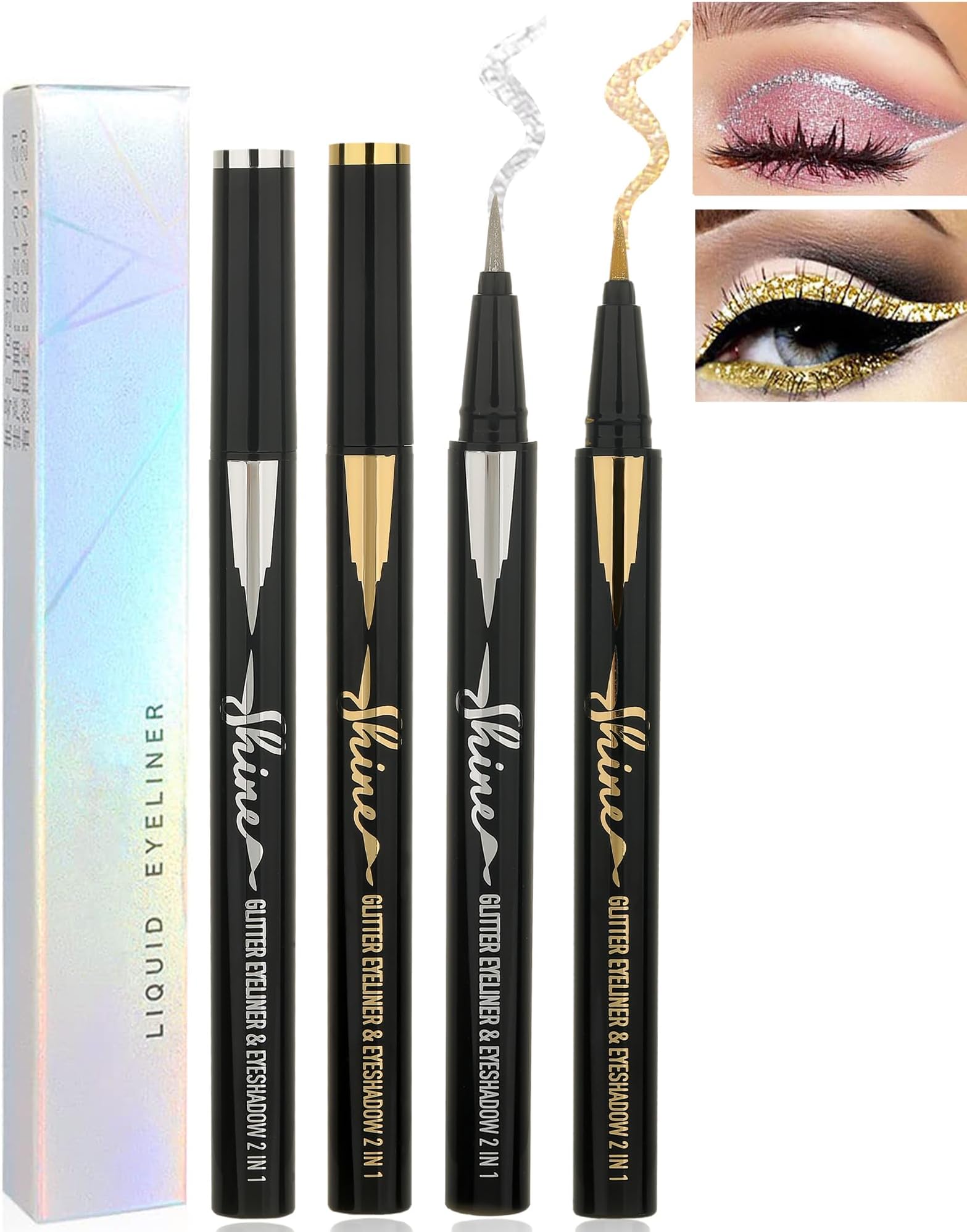 Gold Silver Glitter Liquid Eyeliner Pencil, 2 Pcs - Long Lasting, Waterproof, Smudgeproof, Pigmented, Shimmery Finish