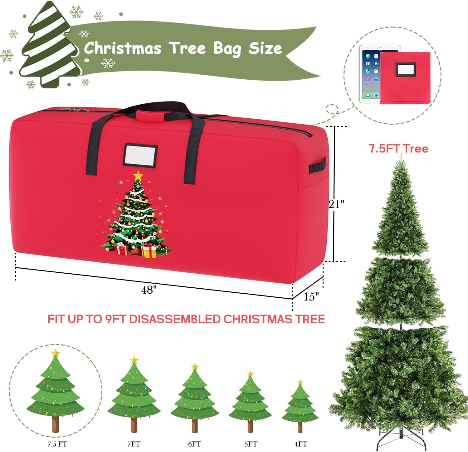Navy Christmas Tree Skirt Sequin Tree Skirt 48 inch Velvet Xmas Tree Skirt Red Heavy Duty Christmas Tree Storage Bag 7.5 Foot Tree 600D Oxford Fabric Xmas Tree Bag for Holiday Party Decor