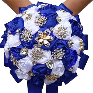 9.8" Royal Blue & White Bridal Wedding Bouquet Round Bling Brooch Bouquet Throw Toss Artificial Rose Flower Bunch for Bride Bridesmaid Wedding Quinceanera