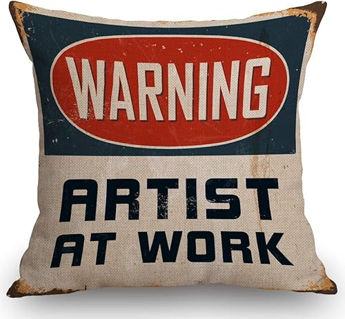 Warning Artist at Work - Funda de almohada de lino y algodón, funda de cojín decorativa cuadrada de 18 pulgadas sin relleno de almohada