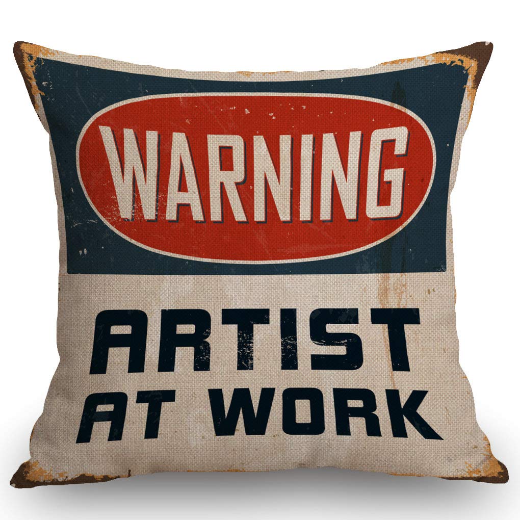 SSOIU Warning Artist at Work Cotton Linen Throw Pillow Case Cushion Cover Home Office Decorative Square 18 Inches Without Pillow Insert