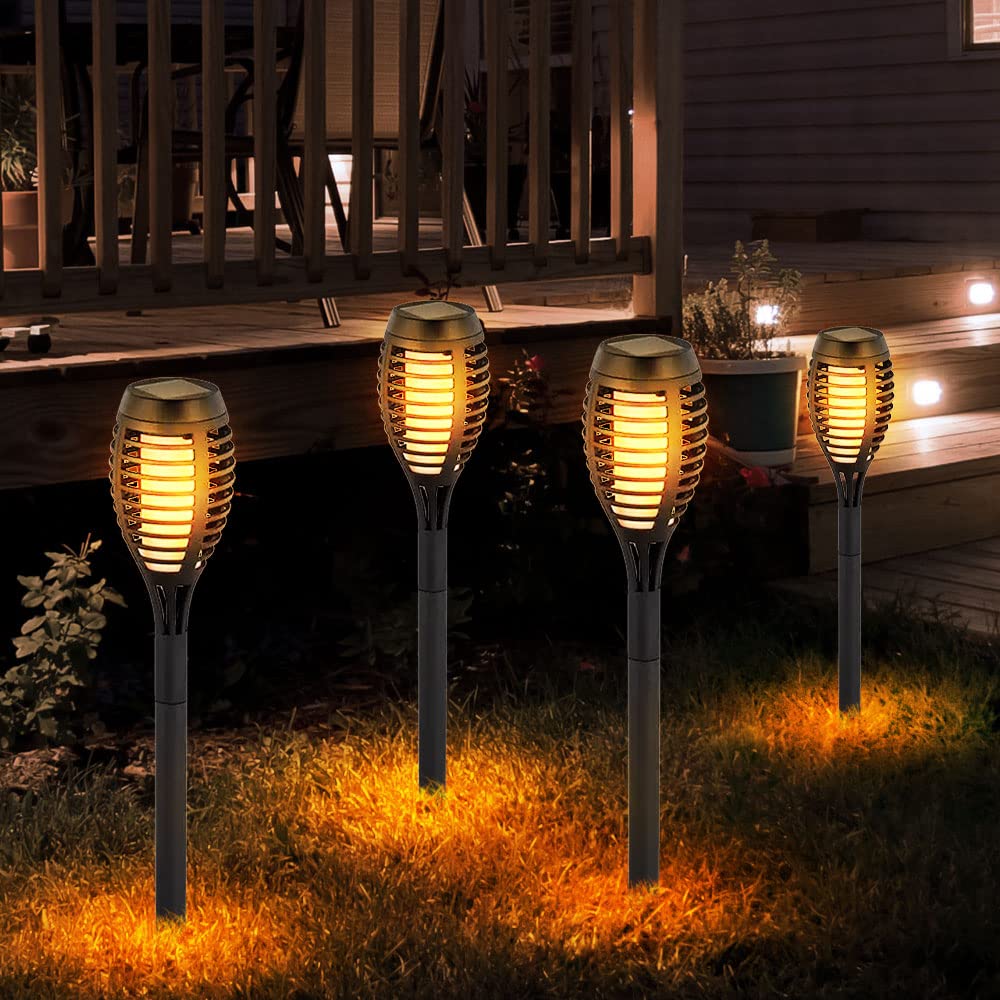 LED Solarfackeln für Außen flackernd Balkon Gartendeko Stecklampen Solar Gartenfackel, Kunststoff schwarz, Feuereffekt warmweiß, H 50 cm, 8er Set