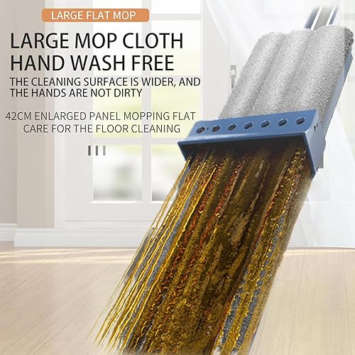 Miniatura 6 de Trapeador plano grande, mopa húmeda y seca, fregona ajustable de acero inoxidable con mango largo, mopa giratoria 360 (azul + 2 paños)