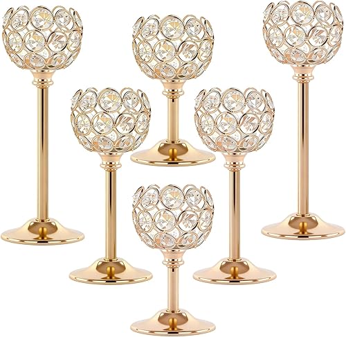 Juego de 6 portavelas de cristal, estilo vintage, con forma de bola hueca dorada, para centro de mesa, candelabros de metal de cristal para