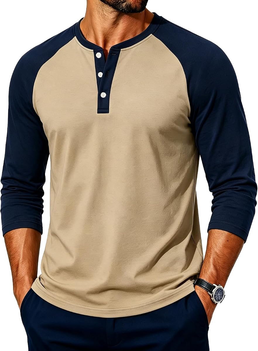 Mens Henley Shirts Long Sleeve Shirts for Men Classic 3 Button Tee Tops | Casual Round Neck Slim Fit Blouse Fashion Raglan Athletic Shirt Relaxed Fall Soft Baseball T-Shirts Outdoor