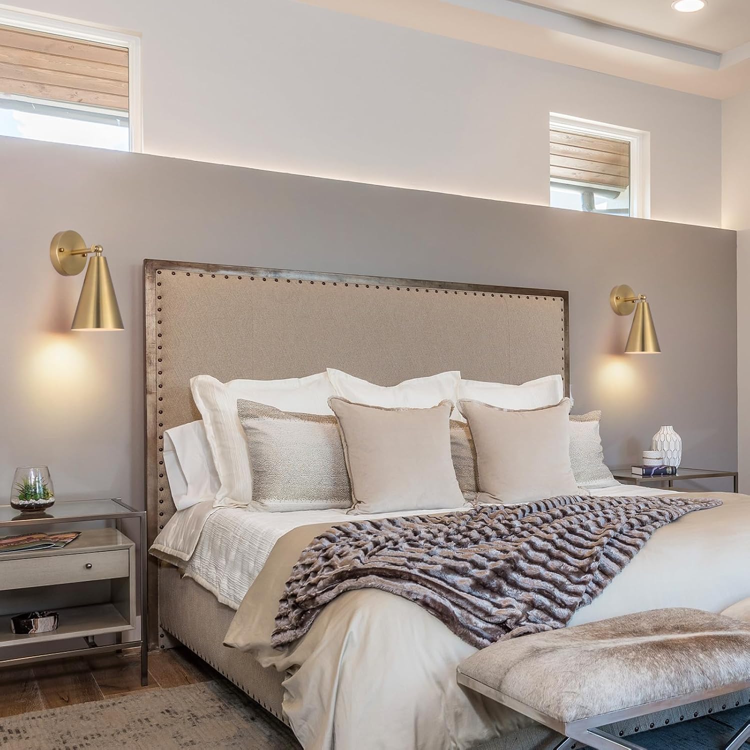 MWZ Gold Battery Operated Wall Sconces Set of Two,Wireless Indoor Lighting with Remote Control, Modern Dimmable 2 Color Temperatures Adjustable Angle Wall Mount Lamp with Brass Metal Shade