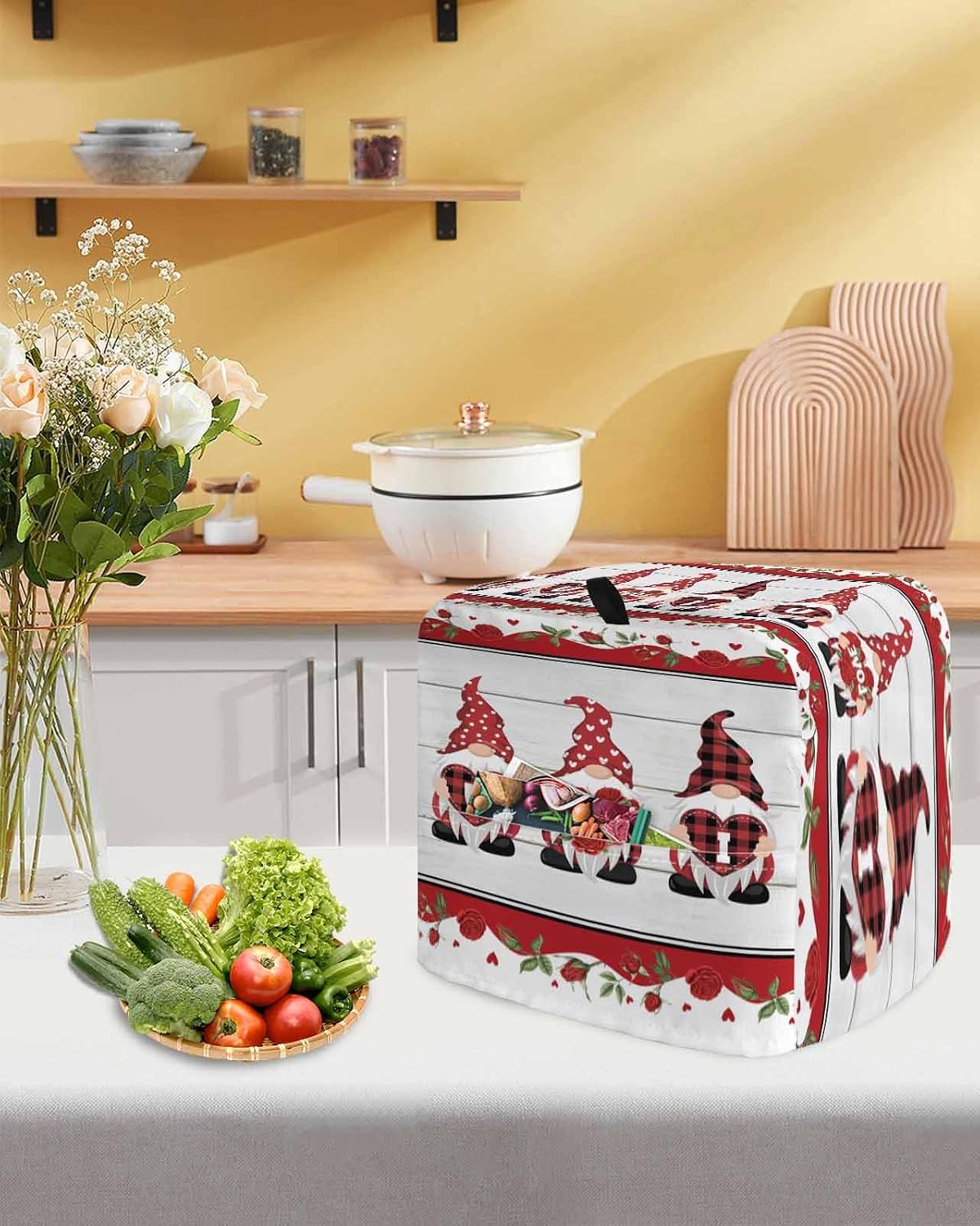 Stand Mixer Cover with Storage Pocket, Valentine's Day Waterproof Kitchen Mixer Covers, Vintage Love Heart Romantic Roses Gnomes Kitchen Appliance Dust Cover Compatible with 4/4.5 Quart Mixers