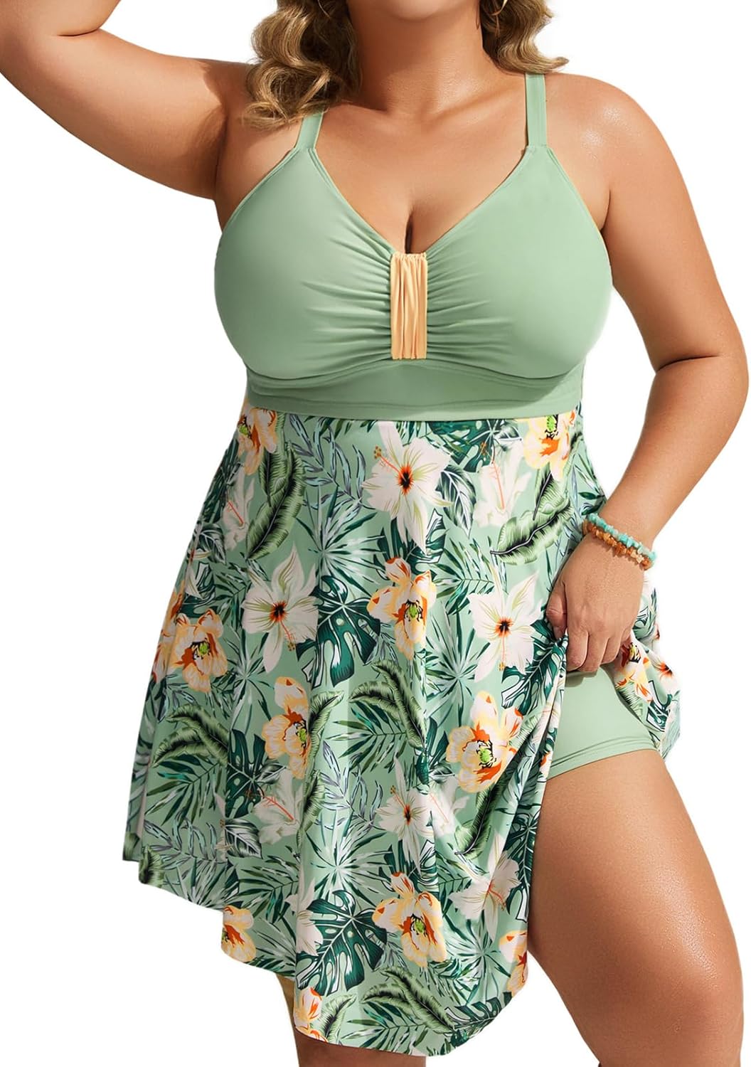 Hanna Nikole Womens Plus Size Swim Dress Swimsuit One Piece Tummy Control Bathing Suit Flowy Body Shaping Swimwear