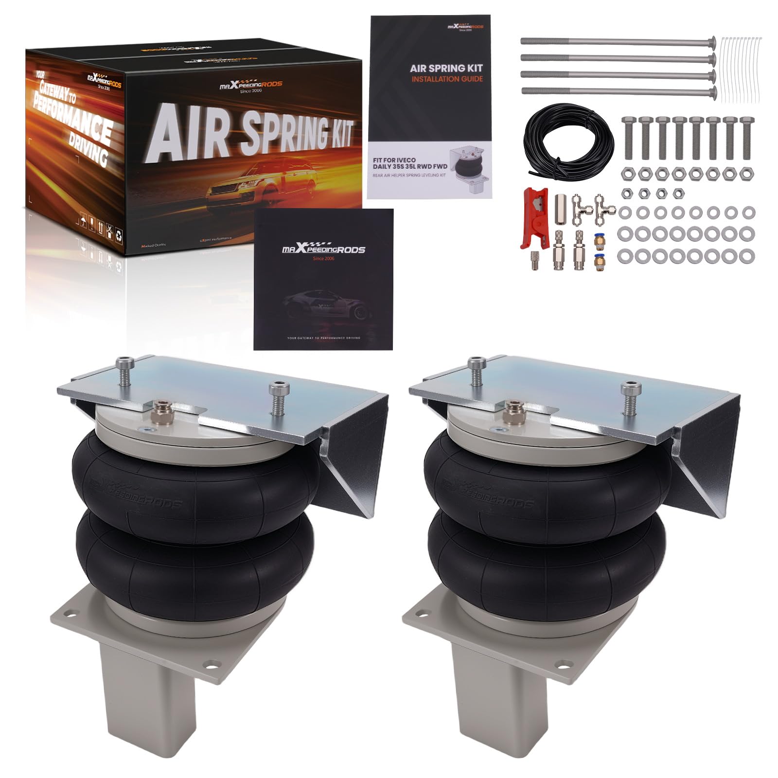 maXpeedingrods Kit sospensioni pneumatiche per Iveco Daily 35S/35L, anno di costruzione 2006-2014, trazione posteriore e anteriore, 2 molle d'aria + 4 supporti + tubo dell'aria + viti di fissaggio e