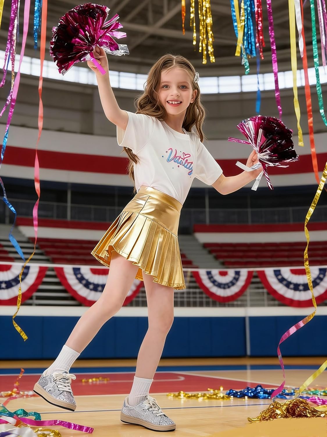 Miipat Girls Metallic Pleated Skirt Sparkly Dance Skirt Elastic Waist Kids Shiny Tennis Skort with Pockets