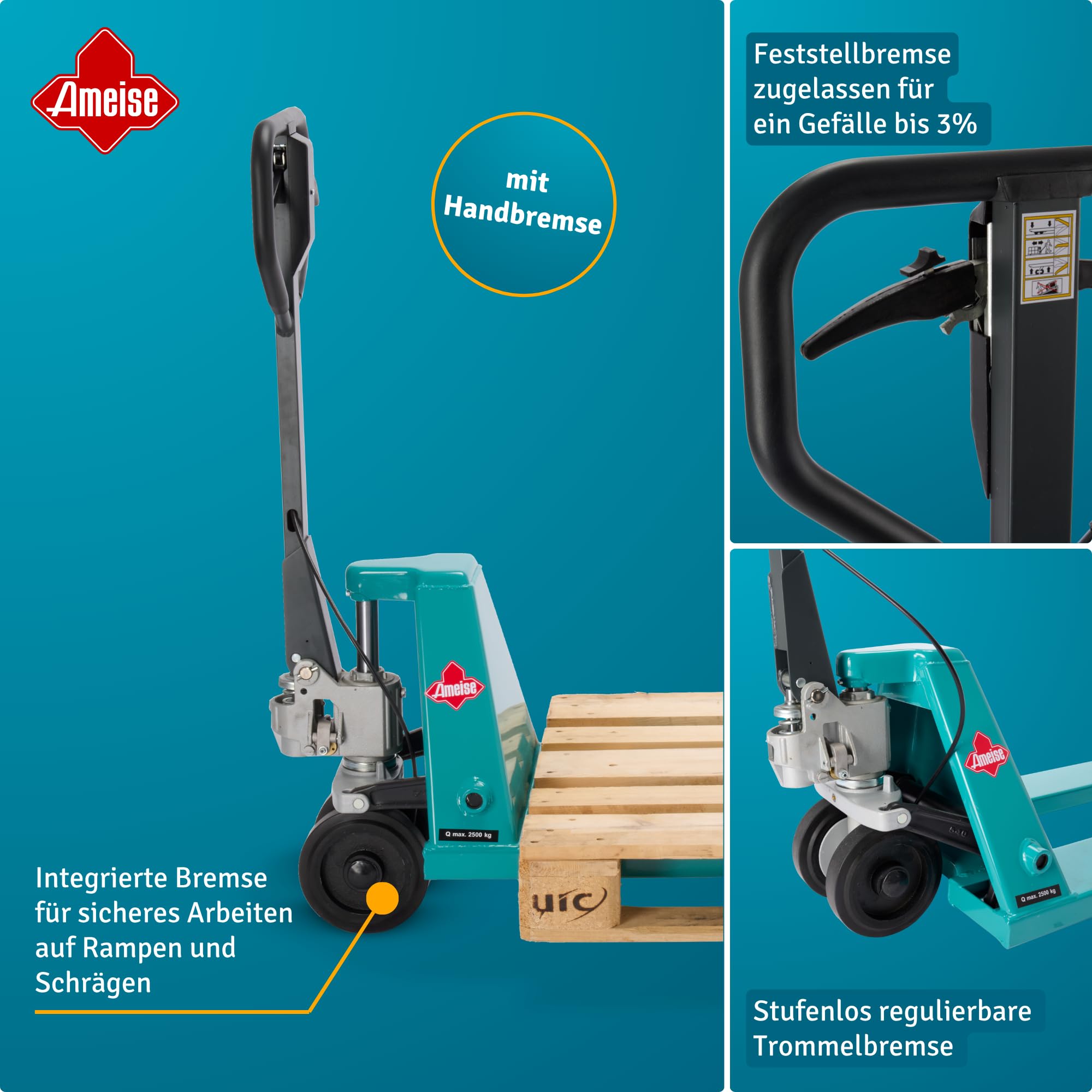 Ameise Hubwagen PTM mit Handbremse | 2.500 kg Tragkraft | 1.150 mm Gabellänge | Lenkrad aus laufruhigem Vollgummi | Einfach-Gabelrollen aus robustem Polyurethan | Palettenhubwagen für Rampeneinsatz