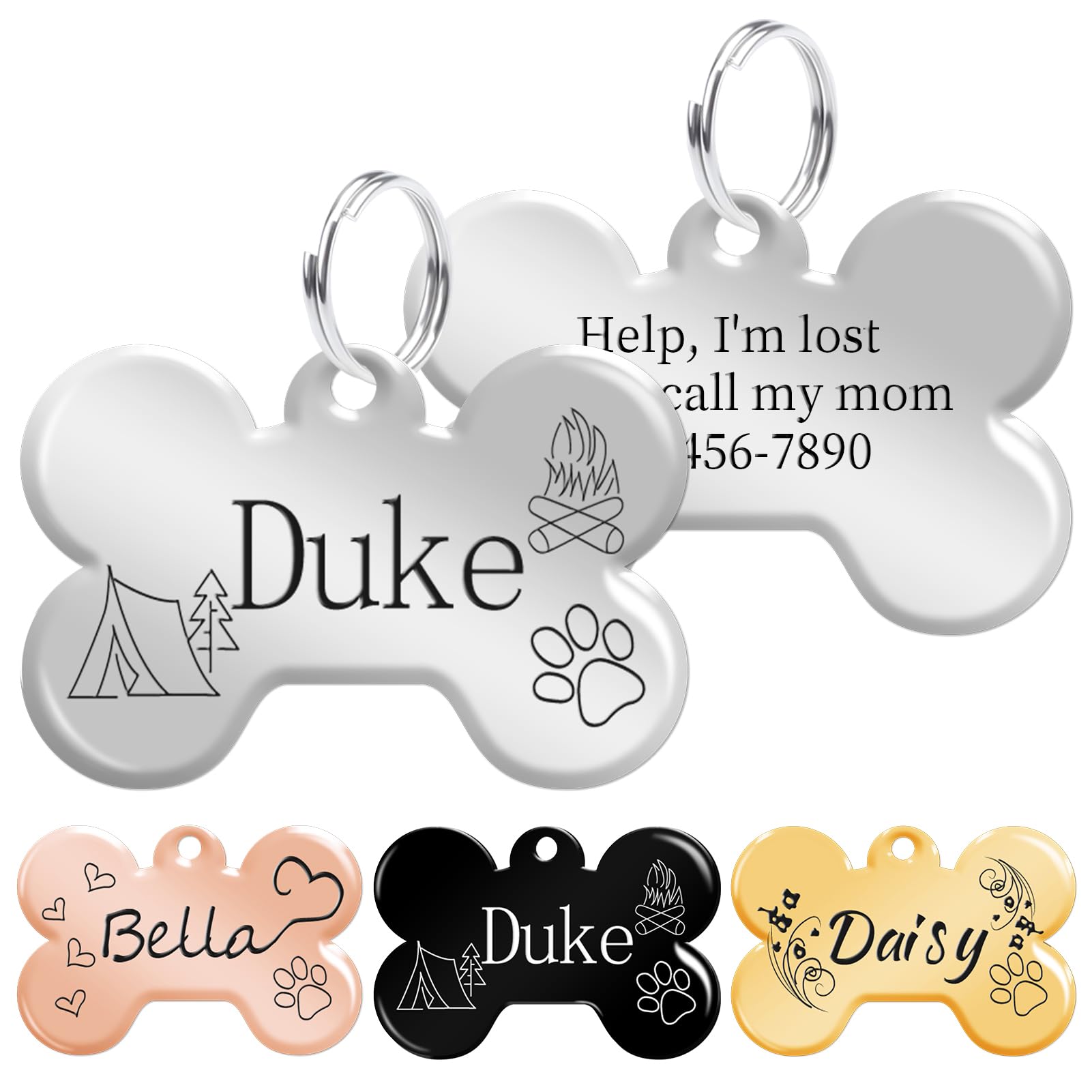 Dog Tags for Pets Engraved, Personalised Name Tag, Bone Shape ID Tag for Dogs & Cats Collar, Double-Side Engraing, Stainless Steel, Smooth Edge Polished Silver