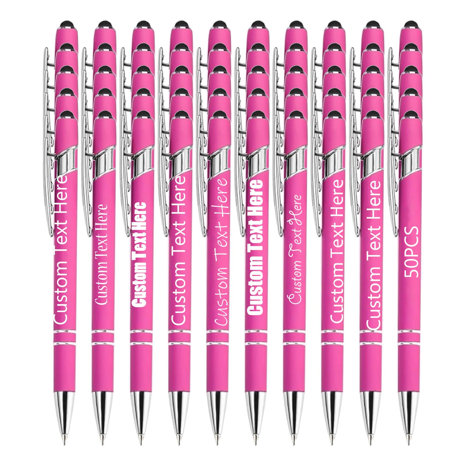 Personalised Pens Bulk Pack of 50, Custom Engraved Ballpoint Pen with Stylus Tip, Soft Touch Metal Retractable Writing Tool, Ideal Business Corporate Graduation Wedding Gifts (Pink)