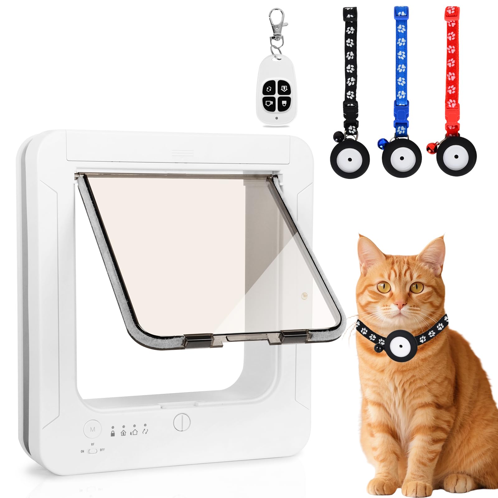 Fantspati Fantspati Gattaiola per Gatti Con Microchip, 3 Chiavi Con Sensore a Collare e 1 Telecomando, Porta per Gatti Con Chiusura a 4 Vie e Sensore a Collare RFID (Bianco)