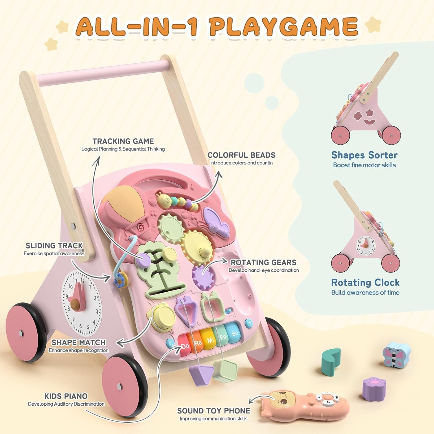 Wiqins Wooden Baby Push Walker, 10-in-1 Baby Walker Toys with Wheels for Toddlers 18 Months, Detachable Montessori Activity Board Toy & Storage for 1 Year Old Boys Girls Learning to Walk