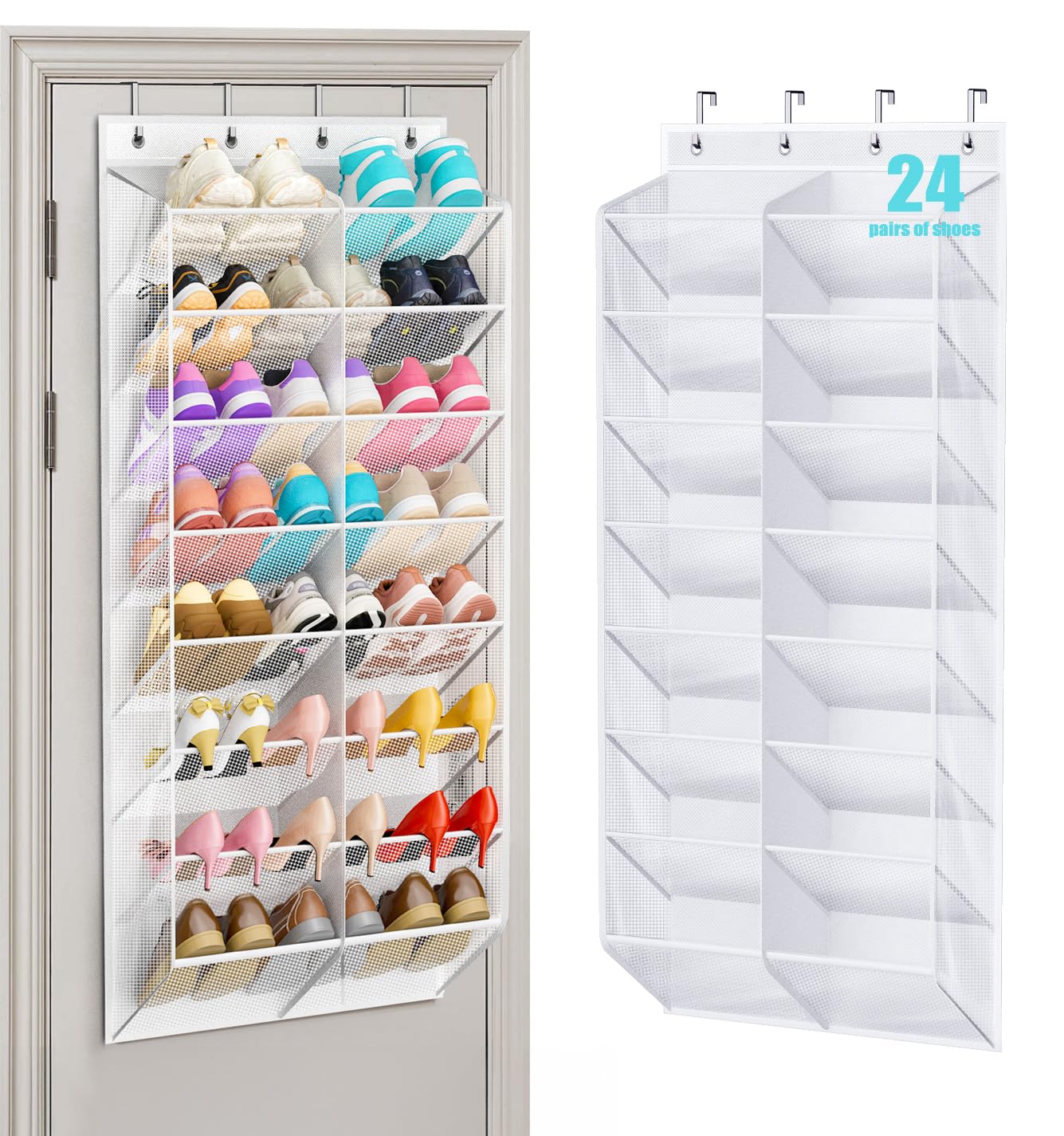 MISSLO 24 Pairs Over the Door Shoe Organizer Breathable Mesh Hanging Shoe Rack for Closet Storage with Wide Deep Pockets 8 Tier Shoes Holder Fit All the Family's Sneakers, Boots, Heels (White, 57.5")