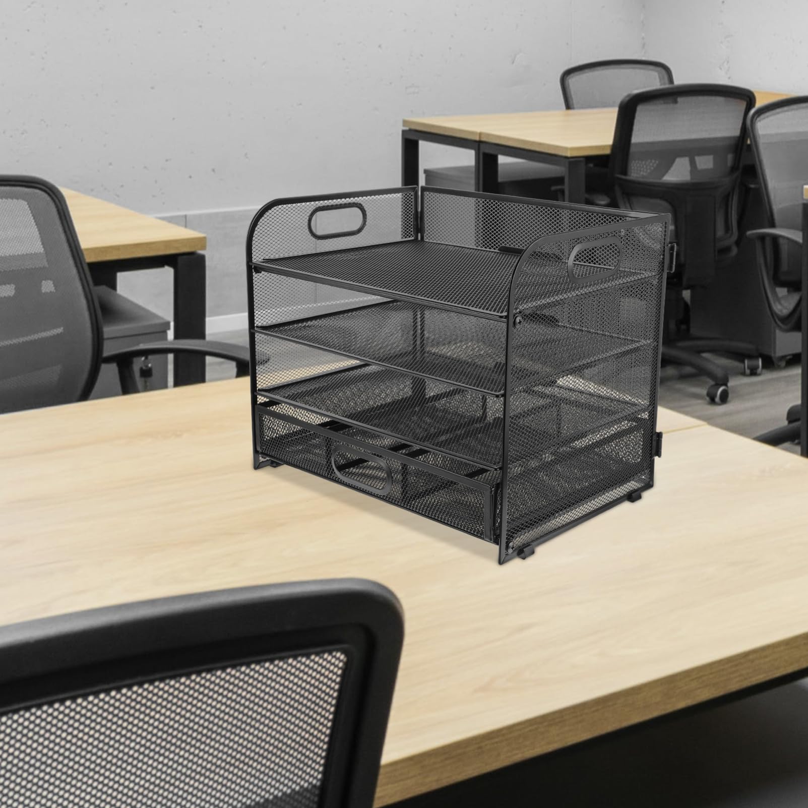 Organiseur de Dossiers de Bureau à 4 Niveaux Tiroir Noir