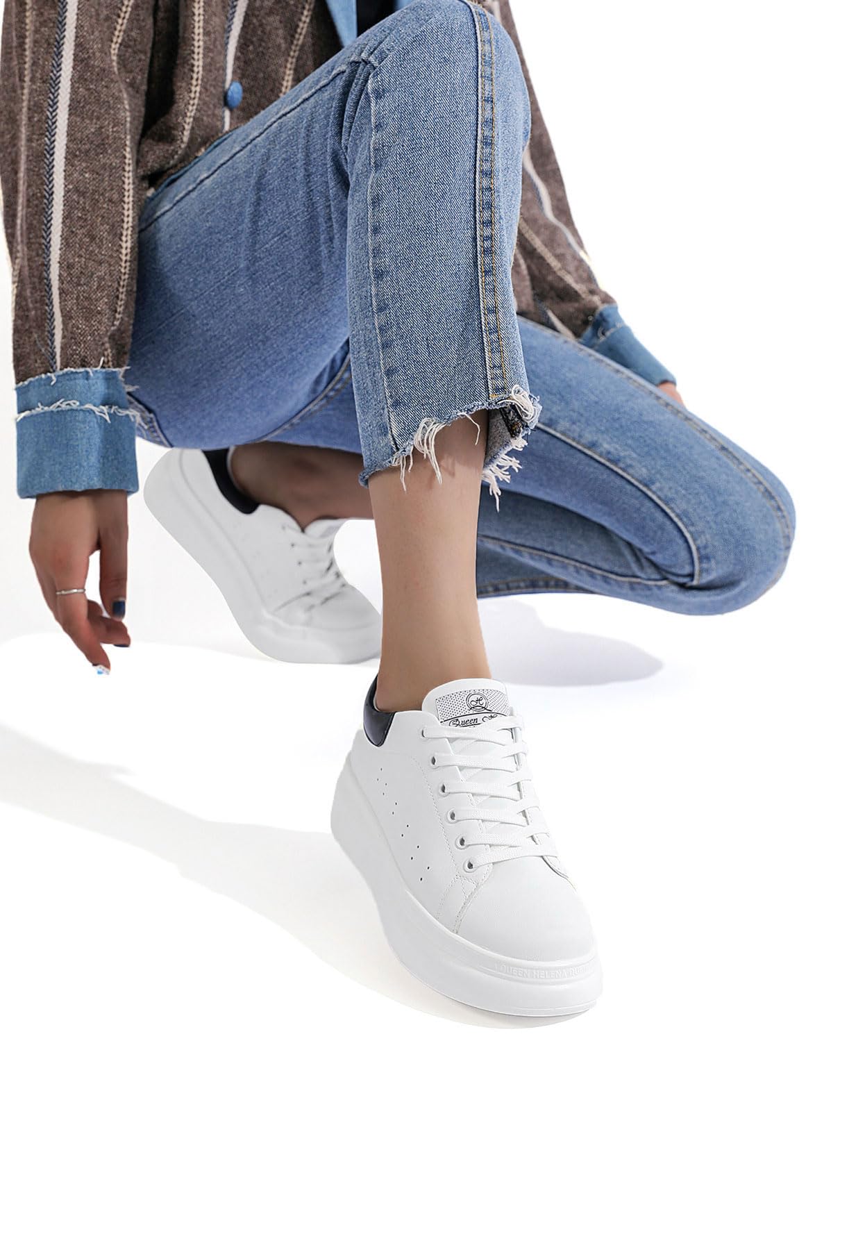 QUEEN HELENA Scarpe da Ginnastica Casual Platform Sneakers Plateau Lacci Comode Bianche Donna
